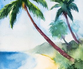 Palm tree with sea watercolor painting vector background 01