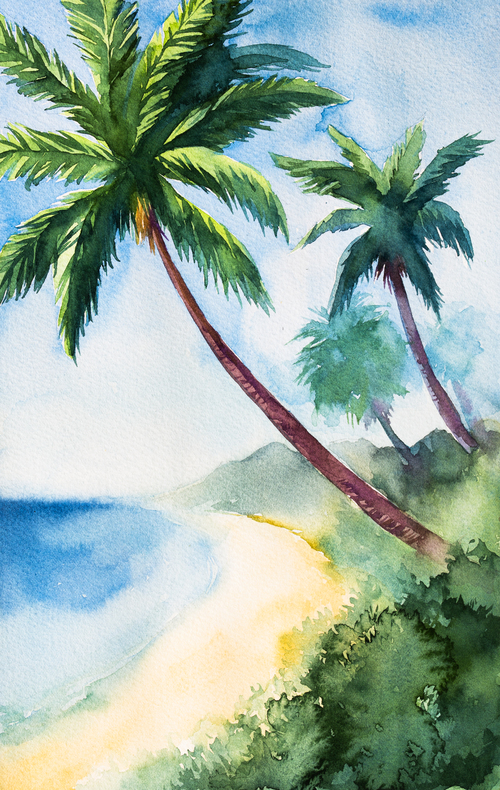 Palm tree with sea watercolor painting vector background 01