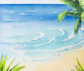 Palm tree with sea watercolor painting vector background 02