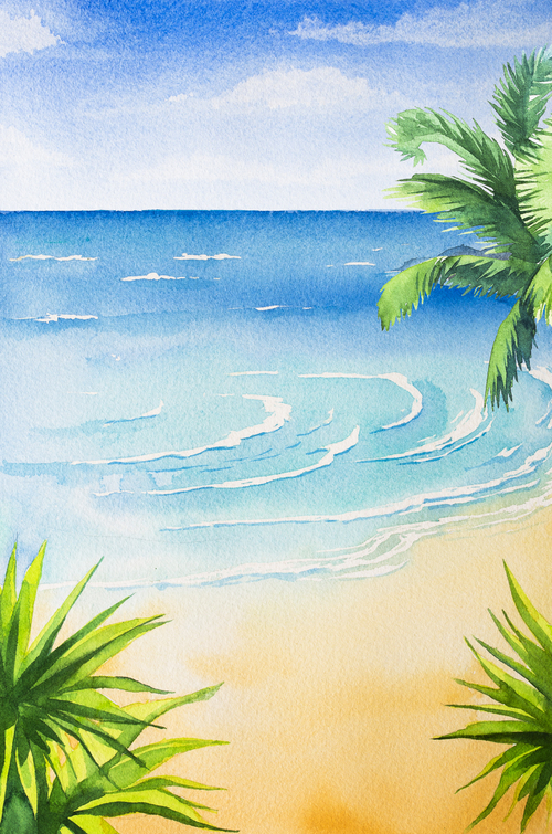 Palm tree with sea watercolor painting vector background 02