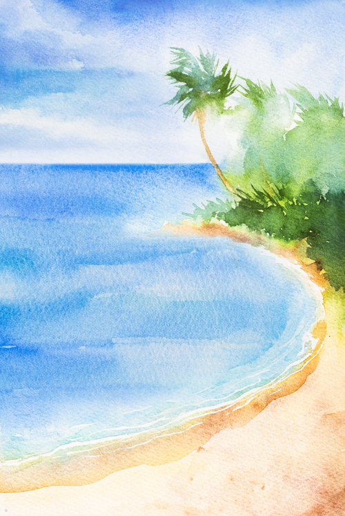 Palm tree with sea watercolor painting vector background 03