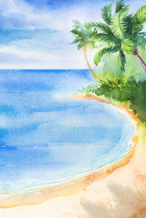 Palm tree with sea watercolor painting vector background 04