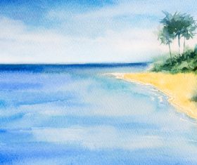 Palm tree with sea watercolor painting vector background 05