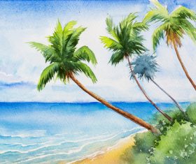 Palm tree with sea watercolor painting vector background 06