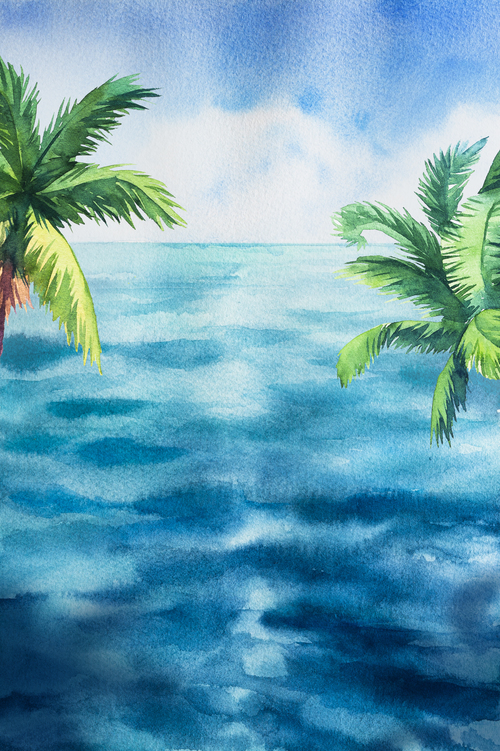 Palm tree with sea watercolor painting vector background 07