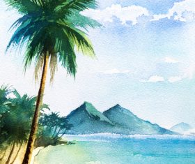 Palm tree with sea watercolor painting vector background 08