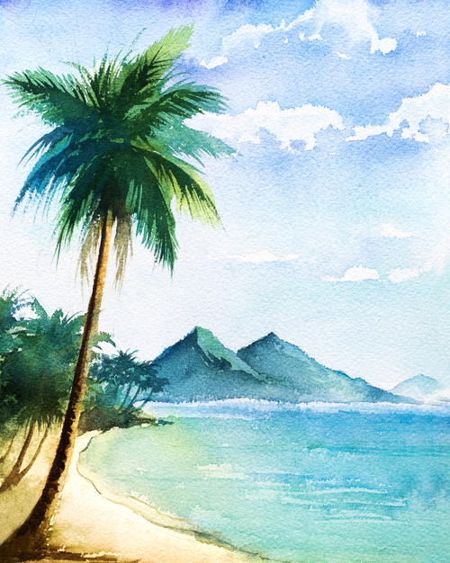 Palm tree with sea watercolor painting vector background 08