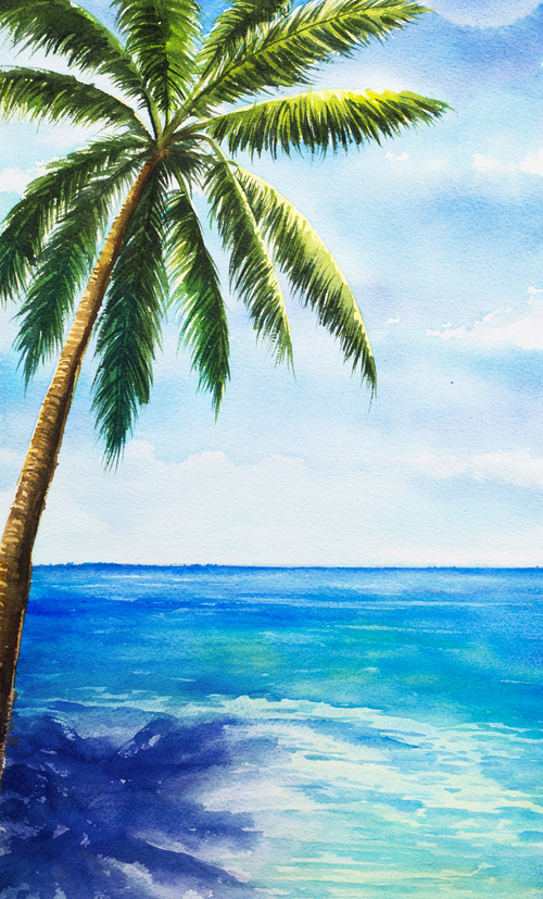 Palm tree with sea watercolor painting vector background 09