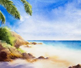 Palm tree with sea watercolor painting vector background 10