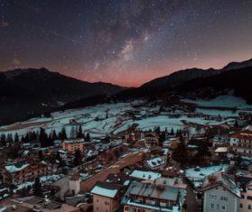Peaceful town in winter at night Stock Photo