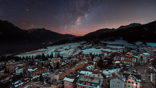Peaceful town in winter at night Stock Photo