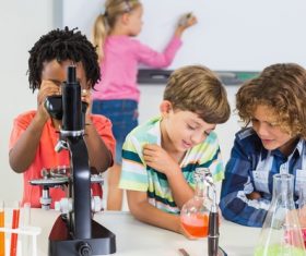 Primary school students in chemistry lab class Stock Photo 01