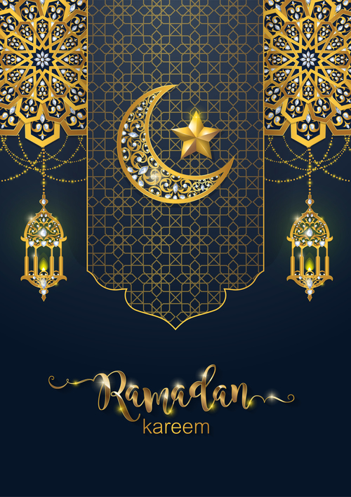 Ramadan kareem background with golden decor vector 02