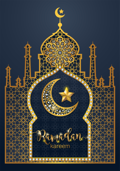 Ramadan kareem background with golden decor vector 04