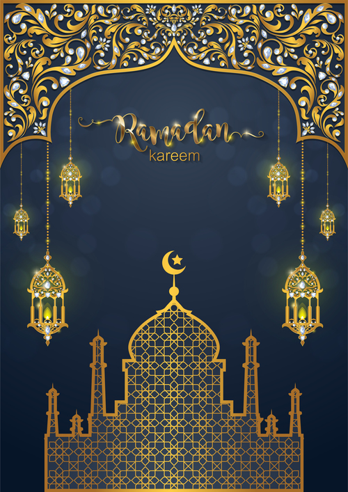 Ramadan kareem background with golden decor vector 05