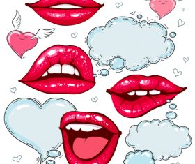 Red lips with heart and cloud cartoon vector