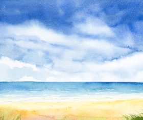 Sea with sky watercolor painting vector background material 01