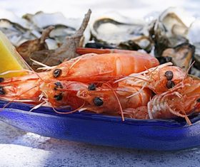 Seafood platter and lemon Stock Photo