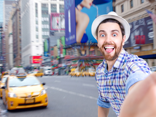 Selfie man in the street Stock Photo