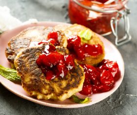 Strawberry jam and pancakes Stock Photo 01