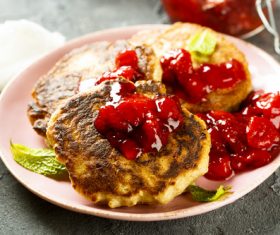 Strawberry jam and pancakes Stock Photo 02