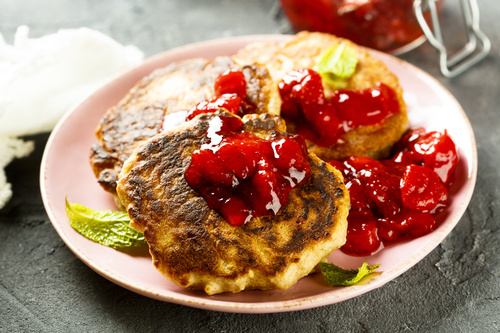 Strawberry jam and pancakes Stock Photo 02