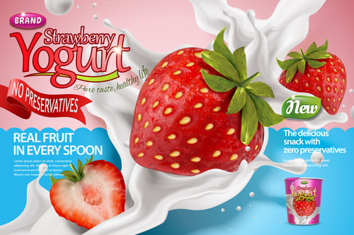 Strawberry yogurt advertising poster template vector 01