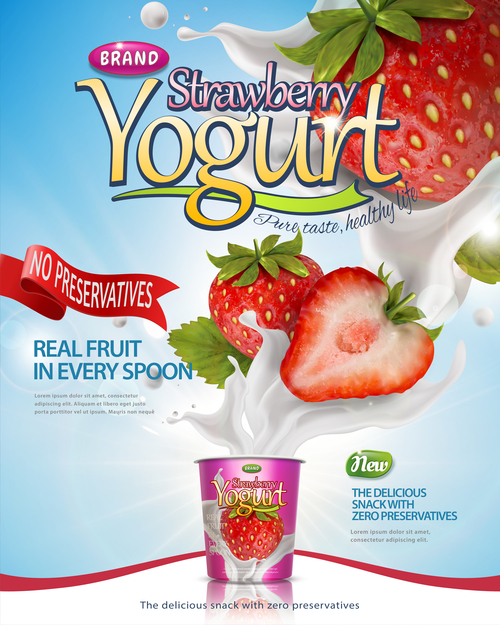 Strawberry yogurt advertising poster template vector 02