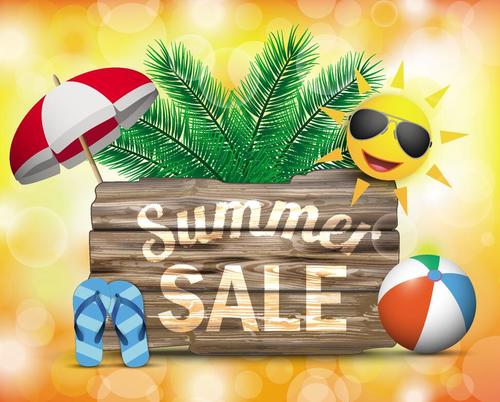 Summer sale wooden sign with background vector