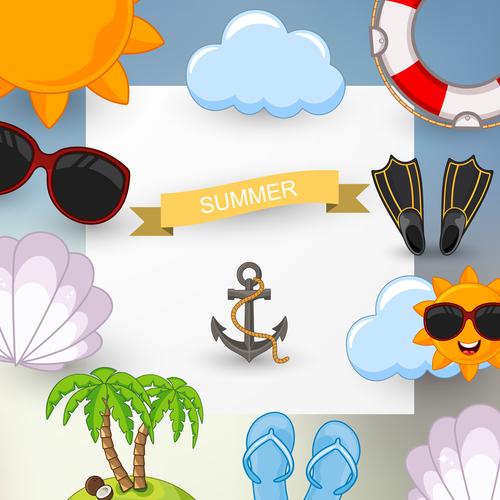 Summer travel elements with white paper background vector