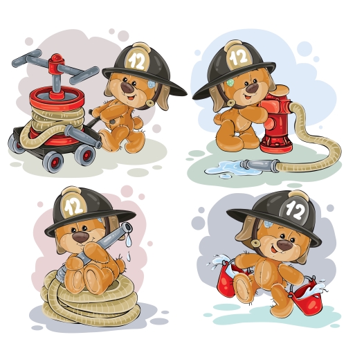 Teddy bear firefighter with rescue equipment  - vector 01
