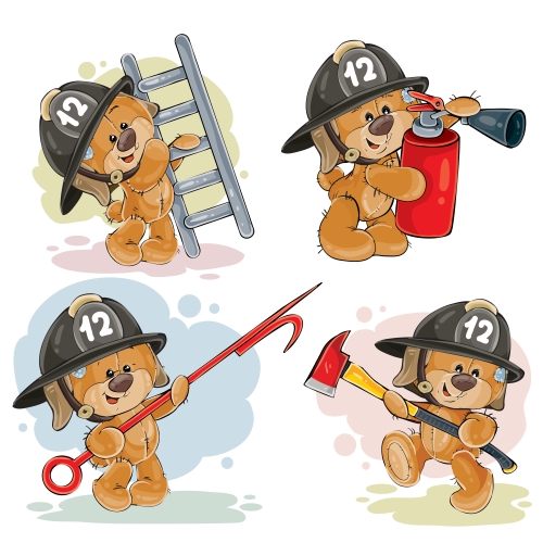 Teddy bear firefighter with rescue equipment  - vector 02