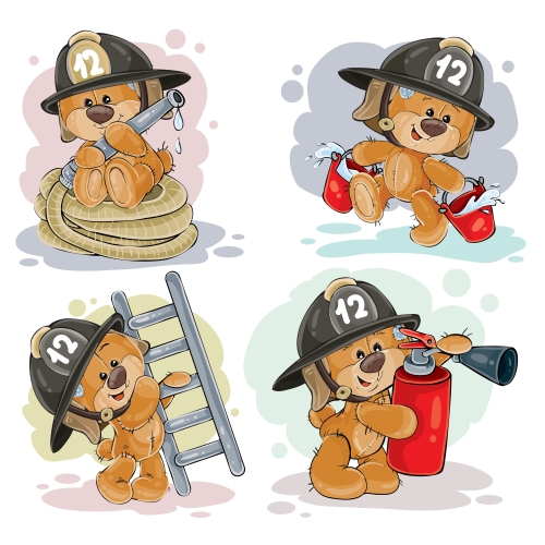 Teddy bear firefighter with rescue equipment  - vector 03