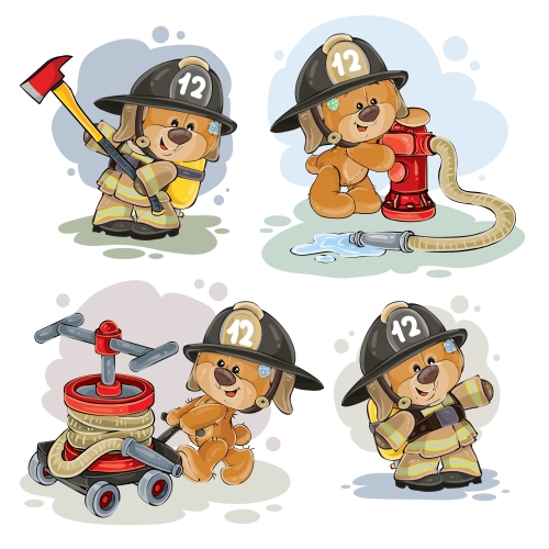 Teddy bear firefighter with rescue equipment  - vector 04