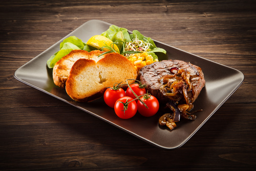 Vegetables with toast and steak Stock Photo 04