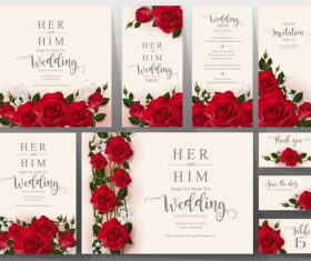 Wedding invitation cards with red rose vector 01