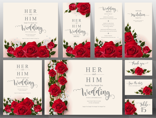 Wedding invitation cards with red rose vector 01