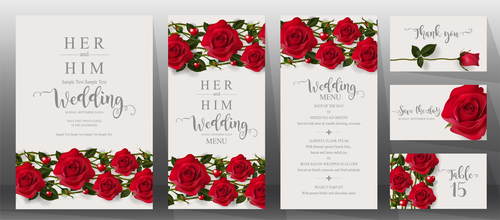 Wedding invitation cards with red rose vector 05