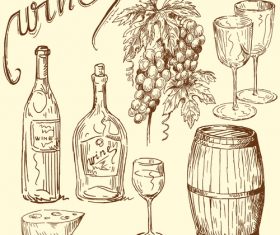 Wine with grapes hand drawn retro vector