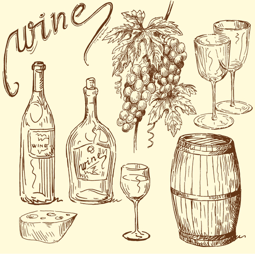 Wine with grapes hand drawn retro vector