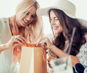 Woman chatting in cafe after shopping Stock Photo 04