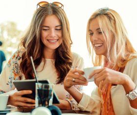 Woman chatting in cafe after shopping Stock Photo 05