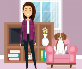 Women and pets in room interior vector material 01