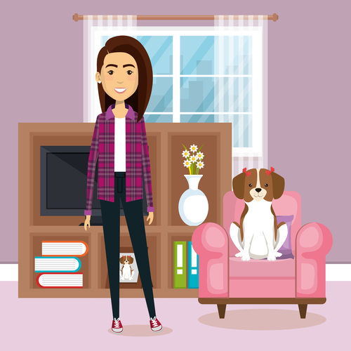 Women and pets in room interior vector material 01