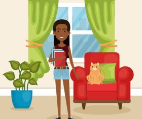 Women and pets in room interior vector material 02