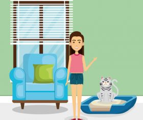 Women and pets in room interior vector material 03
