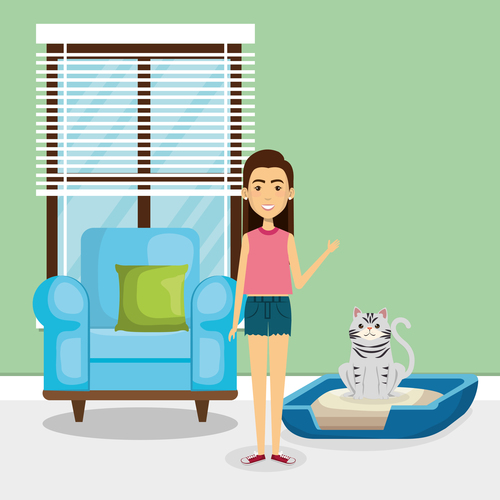 Women and pets in room interior vector material 03