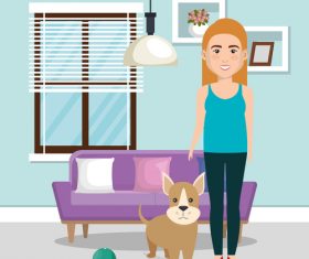 Women and pets in room interior vector material 04