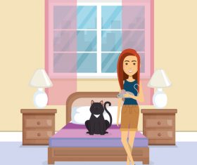 Women and pets in room interior vector material 05