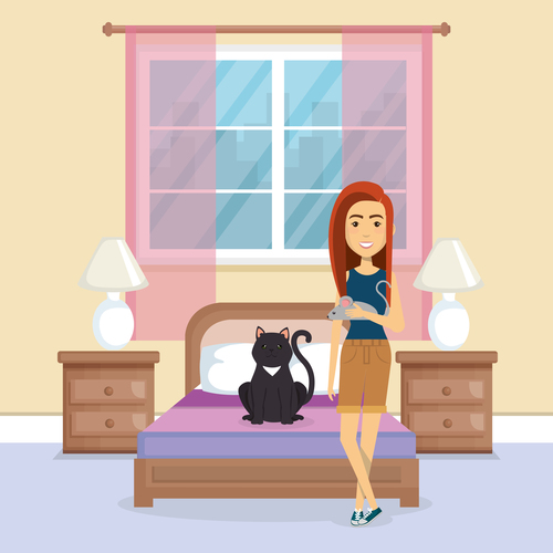 Women and pets in room interior vector material 05
